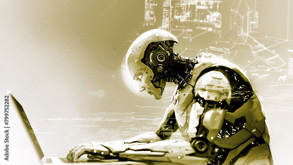 Poster a robot is sitting on top of a laptop, working diligently on the screen with its artificial intellig