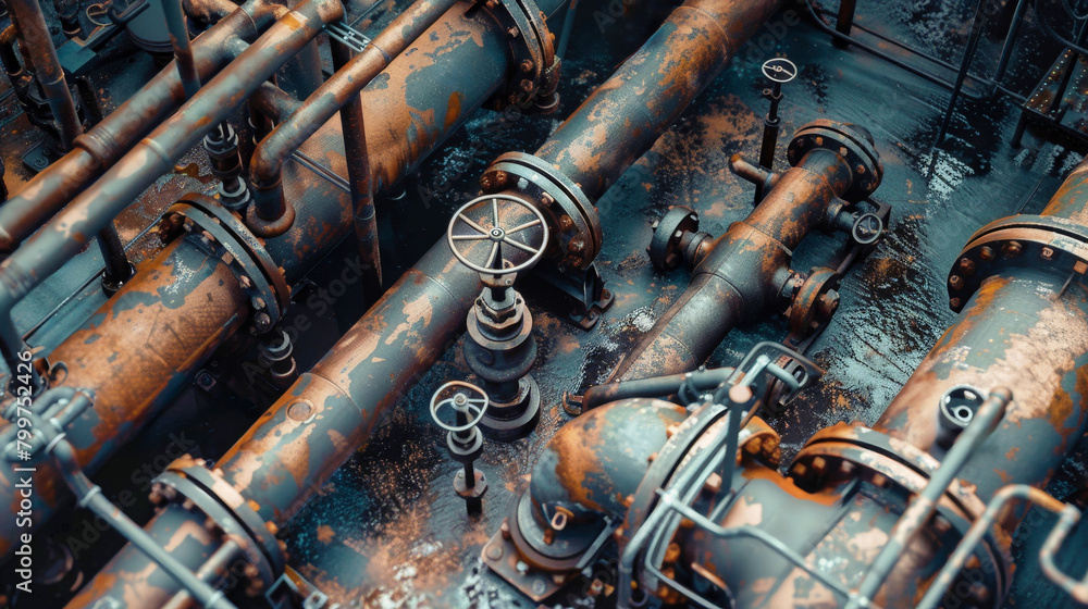Poster a collection of industrial pipeline pipes and valves creating an intricate and captivating display i