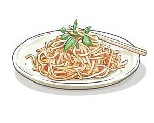 This minimal illustration captures a cute plate of Pad Thai, with its noodles and sprouts delicately arranged, isolated on white background