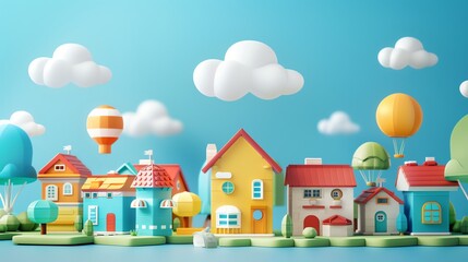 Fototapeta premium 3D render mini town illustration 16K cute landscape aspect ratio 2:1 pastel color, happy color, for kids banner, kids event