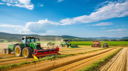 Agricultural Efficiency, Modern tractors in a vast golden wheat field under a clear blue sky.