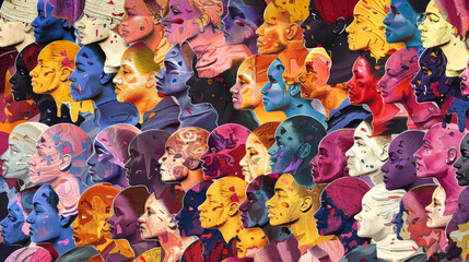 A group of men with faces painted in various vibrant colors stand together, showcasing diversity and unity in a creative and artistic way