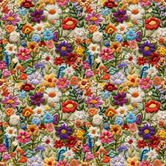 Fototapeta premium Floral embroidery from knitting wool, yarn, seamless pattern.