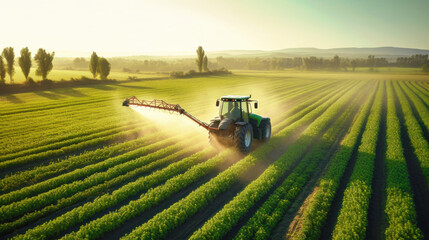 A tractor gracefully moves through a lush field, spraying pesticide to protect crops from harmful...
