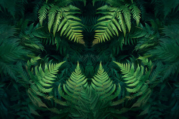 A minimalist composition featuring the graceful curves and symmetrical patterns of unfurling fern fronds against a backdrop of lush green foliage, conveying a sense of organic beauty and simplicity. 