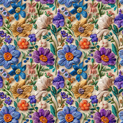 Floral embroidery from knitting wool, yarn, seamless pattern.