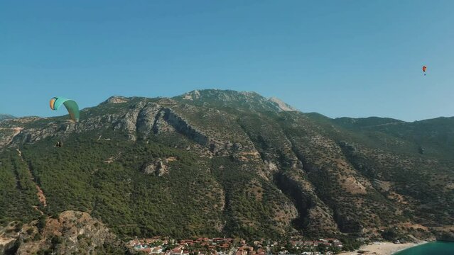 Oludeniz, Turkey, Fethiye. Beach. Paraglider. Paraplane. Drone view.