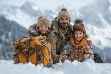 portrait of a father and his daughters on a trip to the mountains, expedition through the snow