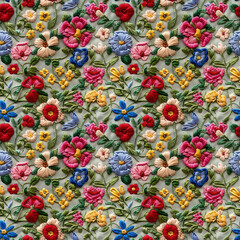 Floral embroidery from knitting wool, yarn, seamless pattern.