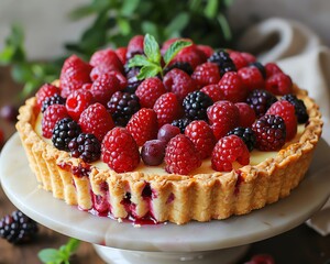 A close up of a  raspberry and blackberry tart with a buttery, flaky crust