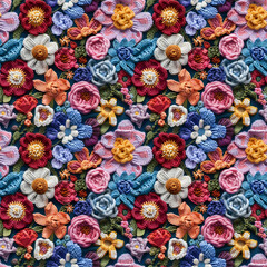 Fototapeta na wymiar Floral embroidery from knitting wool, yarn, seamless pattern.