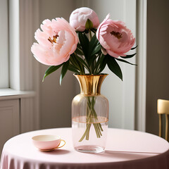 Gold-rimmed glass vase with a bouquet of soft pink peonies, placed on a tea table with golden traits