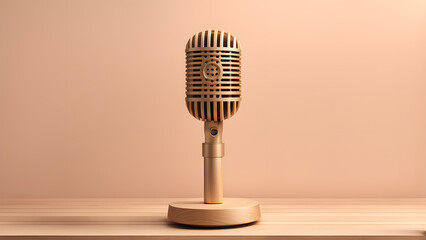 A wooden microphone is sitting on a wooden table
