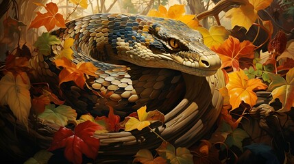 The snake coiled among vibrant leaves