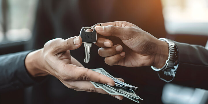  Closeup hand giving a car key and money for loan credit financial, lease and rental concept,  Close-Up Perspective Capturing the Nuanced Gesture of Hand Transferring a Car Key and Money 
