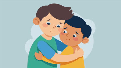 An older brother embraces his younger sibling reassuring them through tears that they will always be there for each other.. Vector illustration
