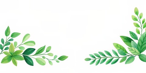 watercolor green leaves on white background with copy space area for text
