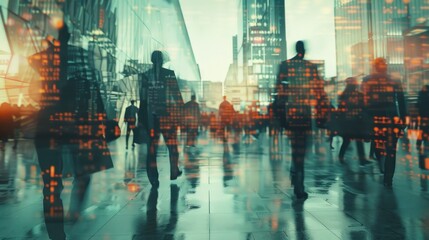 Network and internet communication concept. Silhouettes of business people in abstract city with double exposure of blurry network interface