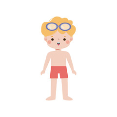 kid wearing swimming suits in summer vacations, Cute child cartoon Pool party characters, Kids spending holidays in seaside isolated white background Vector illustration