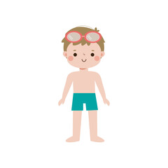 kid wearing swimming suits in summer vacations, Cute child cartoon Pool party characters, Kids spending holidays in seaside isolated white background Vector illustration