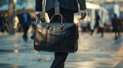 The picture of the person is working as business person with bag and walking in street at the city, the businessman require skill like management, negotiation, marketing and the communication. AIG43.