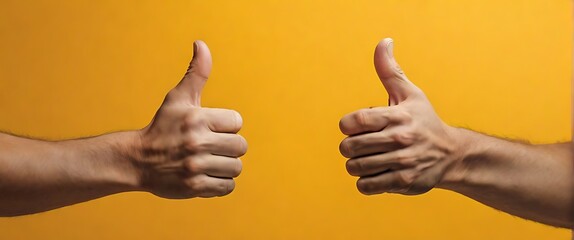two male hands showing thumbs up sign against yellow background