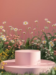 Podium mockup, spring daisy flower garden background, 3d render