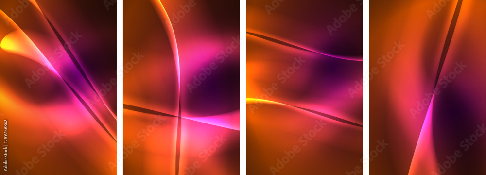 Poster Vibrant banners featuring glowing lines on a dark background in shades of purple, magenta, and electric blue. Geometric rectangles create a symmetrical pattern with colorful tints
