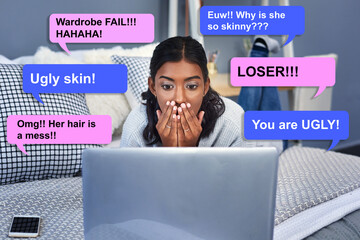 Stress, girl and shocked with laptop on bed for online bullying, scam or overlay of social media....