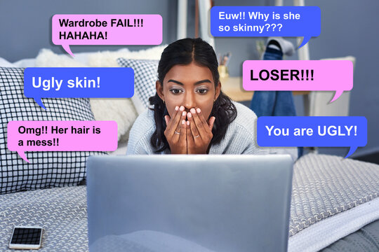 Stress, girl and shocked with laptop on bed for online bullying, scam or overlay of social media. Person, surprise and anxiety with speech bubble for internet gossip, message or digital abuse at home - Powered by Adobe