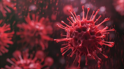 3d render of red corona virus with blurred background, closeup shot. - obrazy, fototapety, plakaty