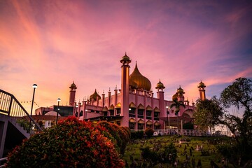 Low-angle view of an ancient mosque in Kuching, Malaysia