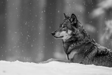 Naklejka premium Epic Wolf Portrait Against Snowy Autumn Backdrop - Majesty, Endurance, Wilderness