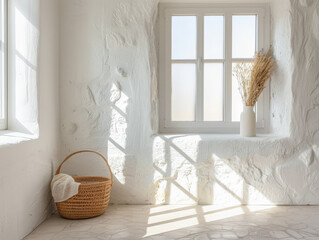 Minimalist interiors design composition with natural lighting coming from a window.