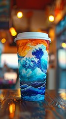 Highlight the magical transformation of these color-changing cups through a rear view depiction Illustrate the cups evolving from sunny beach themes in summer to snowy landscapes in winter Engage 