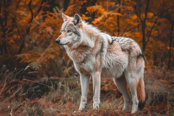 Obraz premium Epic Wolf Portrait Against Snowy Autumn Backdrop - Majesty, Endurance, Wilderness
