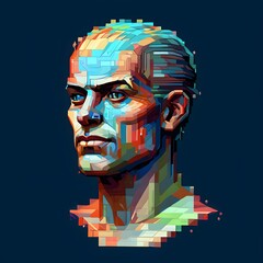 human head digitalised in pixel art style presenting a mosaic of vibrant hues in neon glow