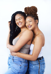 Studio, women and lgbtq with smile in fashion for gay pride, romantic and solidarity on white background. Lesbian, partner and couple with care in love for style, support and happiness together