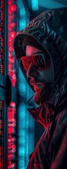 Obraz premium Data Hacker, Protective Gear, Stealthy Hacker on a high-tech data server, dark atmosphere, Realistic, Silhouette Lighting, Chromatic Aberration