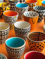Craft an innovative high-angle view image featuring cups that embody the essence of cultural unity through intricate patterns and symbols Use a harmonious color palette