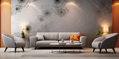 Interior wall mockup behind large modern fabric corner sofa with grey background
