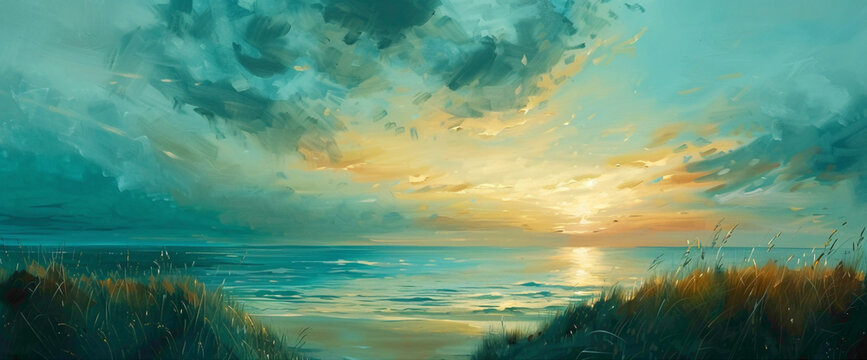 A serene teal-colored sunrise pnting the sky with soft hues, evoking a sense of tranquility and renewal.