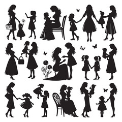 Fototapeta premium Silhouette set of mother and daughter