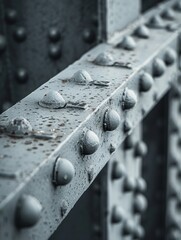 Close-up view of intricate steel beams of a suspension bridge, highlighting geometric patterns and rivets Scene