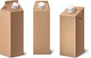 Cardboard milk pack. 3d drink juice carton bottle vector. Paper beverage container mockup. Package to carry liquid product realistic isolated graphic. Eco dairy packet presentation angle view