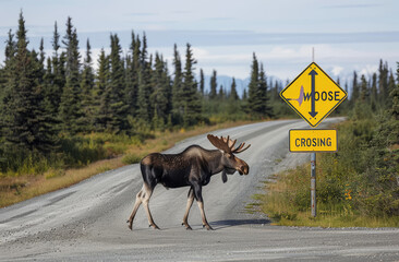 A moose crossing the road near a 