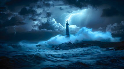 Lighthouse Enduring Towering Waves During Nighttime Storm with Illuminating Lightning