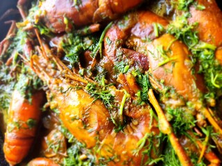 Shrimps cooked in olive oil lemon and garlic sauce