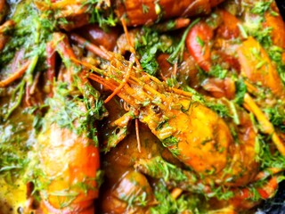 Shrimps cooked in olive oil lemon and garlic sauce