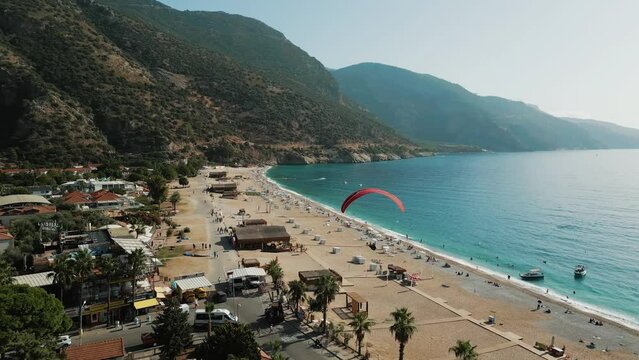 Oludeniz, Turkey, Fethiye. Beach. Paraglider. Paraplane. Drone view.